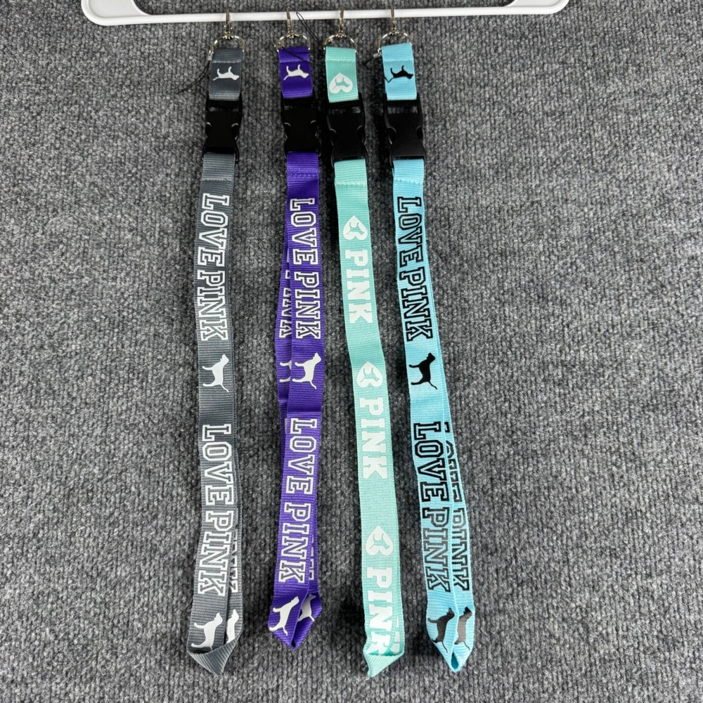 Victoria's Secret PINK Lanyards 4 Pack Grey Purple Mint Blue Dog Logo Keychains